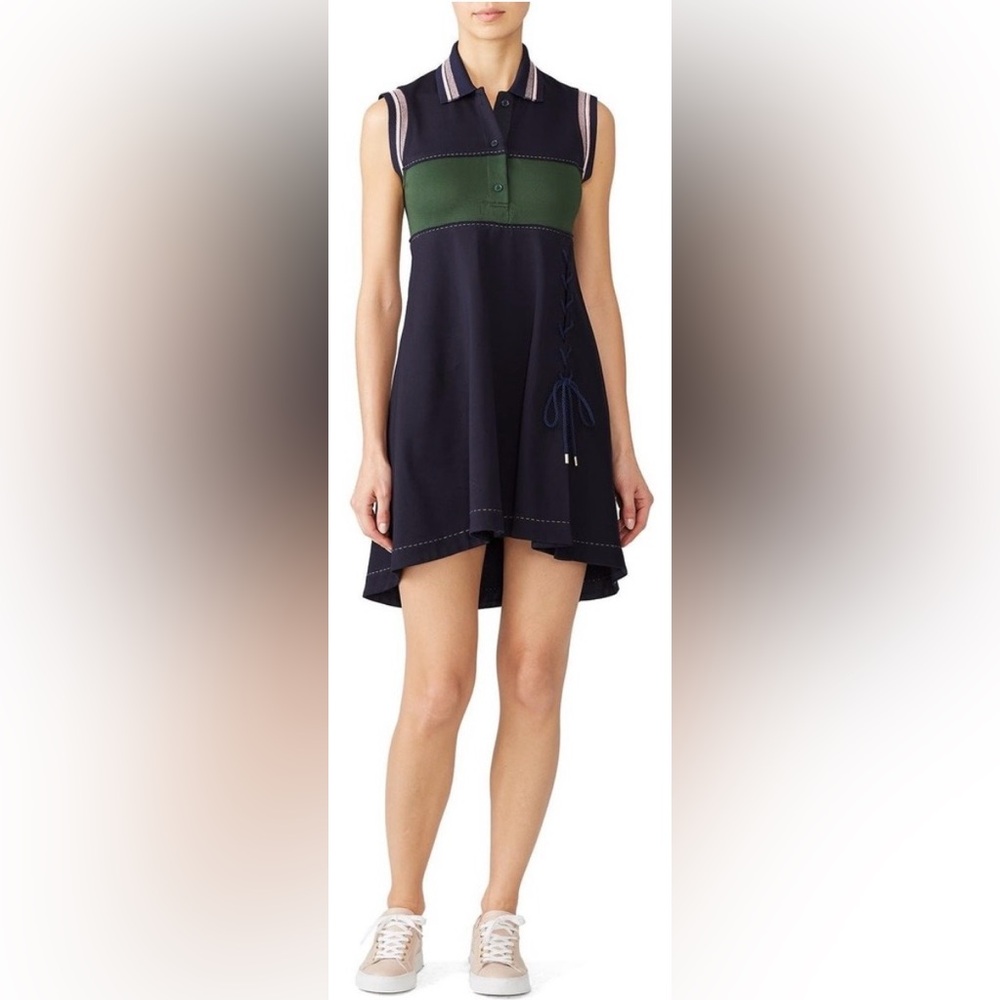 Carven Collared Polo Shirt Dress Lace Up Side Cotton Blue Green Sz. 40 = US M